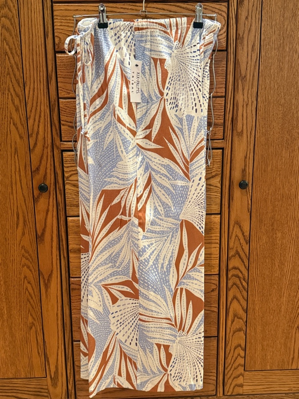 Lightweight Tropical Print straight leg trousers in Rust, Blue & Cream